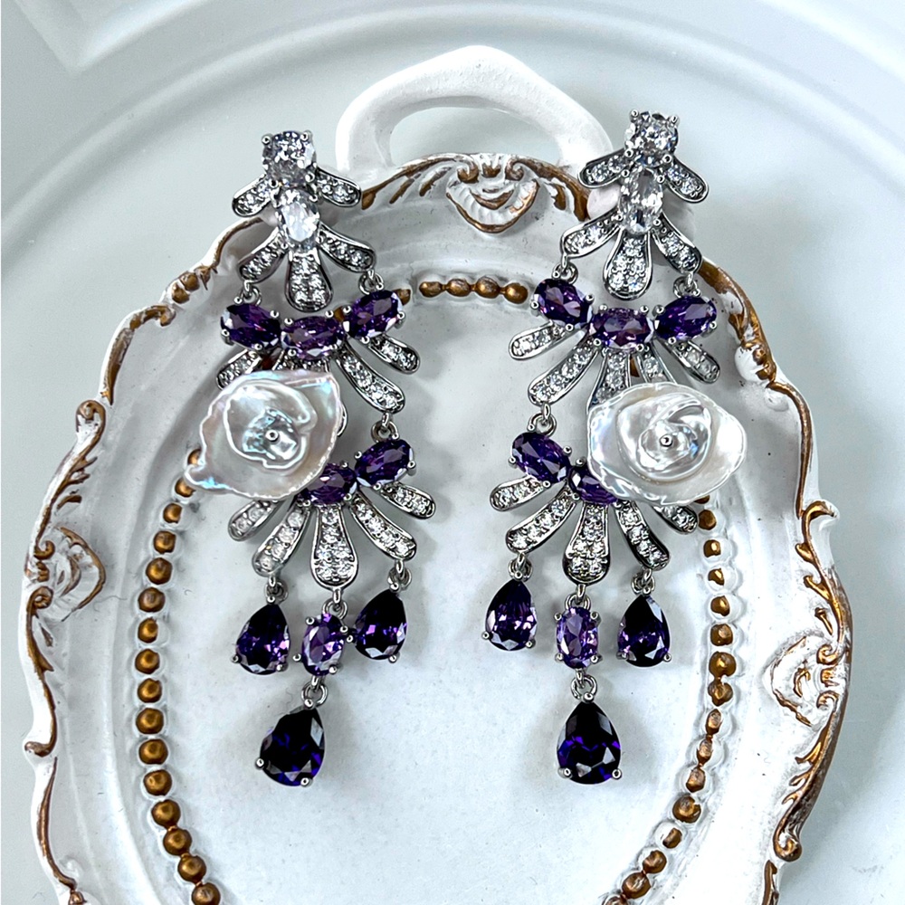 🌺 Custom Handmade Freshwater Premium Purple Keshi Pearl Crystal Earrings